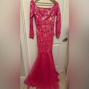 Pink sequin mermaid Gown. Off the shoulder long sleeve. NWT